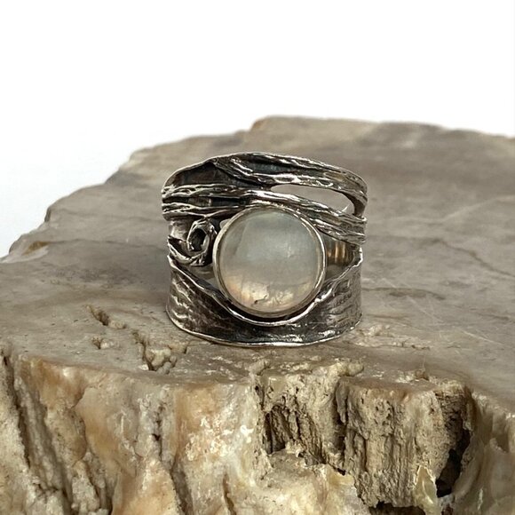 Sterling Silver 925 YS India Modernist Moonstone Wide Band Ring Sz 7.5-7.75 - Picture 6 of 16